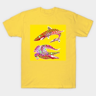 shark and alligator attack ecopop tribal totonac pattern arts T-Shirt